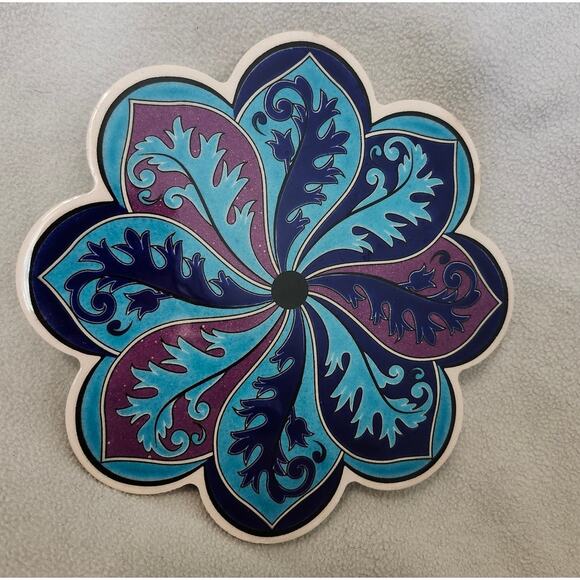 Vintage Turkish Ceramic Art Trivet Hot Plate Blue Swirl Floral Peacock Purple - Picture 2 of 6